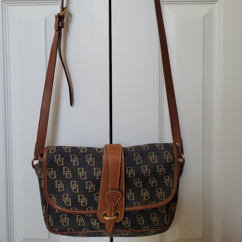 Dooney and Bourke leather and denim crossbody saddle bag